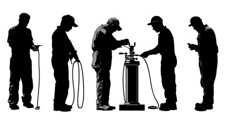 Residential Plumber Working on Hose Bibb Silhouettes Set of Six isolated on plain white background.のイラスト素材