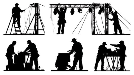 Theatrical and Stage Lighting Electrician Silhouettes Set of Six isolated on plain white background.のイラスト素材