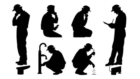 Thoughtful Plumber Diagnosing a Problem Silhouettes Set of Six isolated on plain white background.のイラスト素材