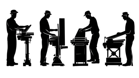 Woodworker Operating a Thickness Planer Machine Silhouettes Set isolated on plain white background.のイラスト素材
