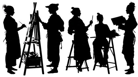 Female Artisan Woodworker in Her Studio Silhouettes Pack isolated on plain white background.のイラスト素材