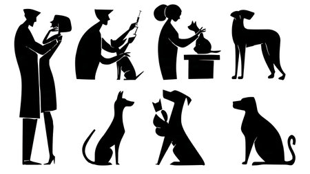 Veterinarian and Vet Tech Animal Care Silhouettes Set of Six isolated on plain white background.のイラスト素材