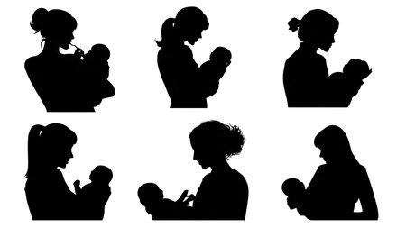 Lactation Consultant Helping New Mother Silhouettes Set of Six isolated on plain white background.のイラスト素材