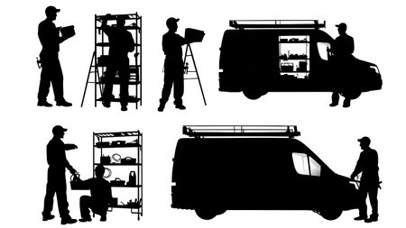 Electrician Organizing Work Van Silhouettes Set of Six isolated on plain white background.のイラスト素材