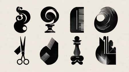 Abstract Barber Tool Artistic Composition Silhouettes, Set of Six isolated on plain white background.のイラスト素材