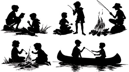 Six Children at Summer Camp Silhouettes isolated on plain white background.のイラスト素材