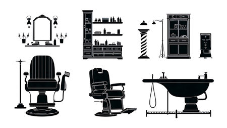 Barbershop Environment and Furniture Silhouette Set of Six on White Background isolated on plain white background.のイラスト素材