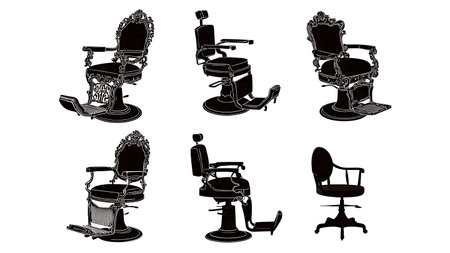 Different Barber Chair Style Silhouette Set of Six isolated on plain white background.のイラスト素材