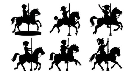 Children on a Carousel Merry-Go-Round Silhouette Set of Six isolated on plain white background.のイラスト素材