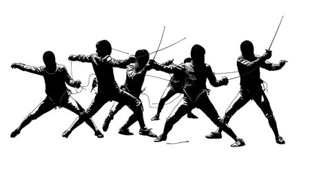 Busy Fencing Salle with Multiple Bouts Silhouette Set of Six isolated on plain white background.