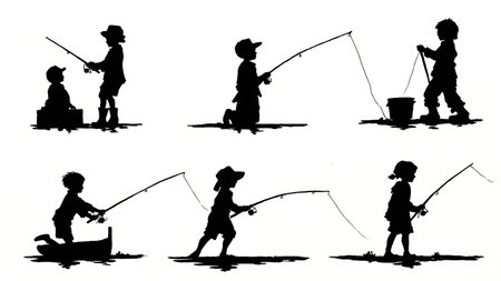 Children Fishing from a Dock Silhouette Set of Six isolated on plain white background.のイラスト素材