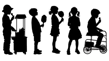 Children at a Carnival Silhouette Set of Six on White Background isolated on plain white background.のイラスト素材