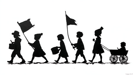 Children's Neighborhood Parade Silhouette Set of Six isolated on plain white background.のイラスト素材