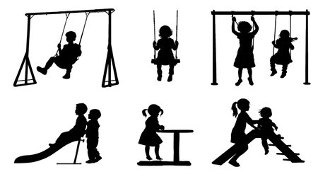 Set of Six Black Solid Children at the Playground Silhouettes on White Background isolated on plain white background.のイラスト素材