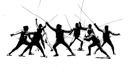 Busy Fencing Salle with Multiple Bouts Silhouette Set of Six isolated on plain white background.