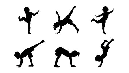 Children Doing Gymnastics and Tumbling Silhouettes isolated on plain white background.のイラスト素材
