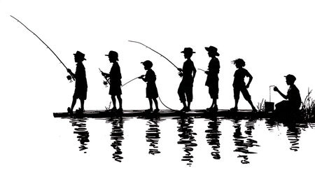 Children Fishing from a Dock Silhouette Set of Six isolated on plain white background.のイラスト素材