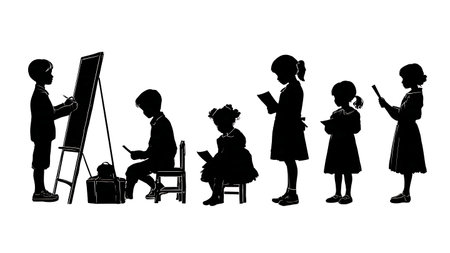 Children Playing Teacher Silhouette Set of Six isolated on plain white background.のイラスト素材