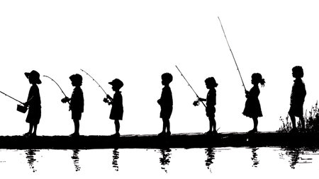 Children Fishing from a Dock Silhouette Set of Six isolated on plain white background.のイラスト素材