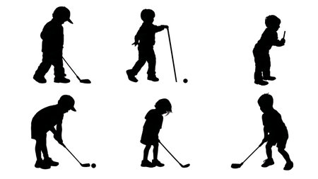Six Children Playing Mini-Golf Silhouettes isolated on plain white background.のイラスト素材