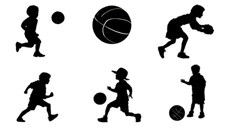 Showcase of Six Silhouettes of Children Playing with Balls isolated on plain white background.のイラスト素材