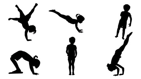 Children Doing Gymnastics and Tumbling Silhouettes isolated on plain white background.