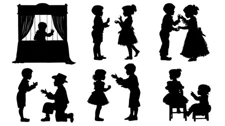 Children's Puppet Theater Performance Silhouette Set of Six isolated on plain white background.のイラスト素材