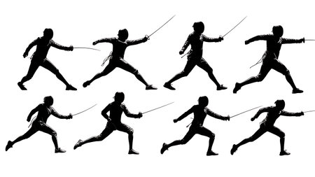 Collection of Six Dynamic Fencing Lunge Silhouettes on White Background isolated on plain white background.のイラスト素材