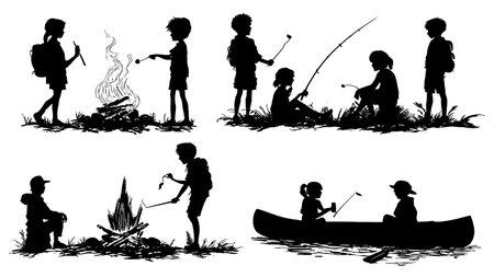 Six Children at Summer Camp Silhouettes isolated on plain white background.のイラスト素材