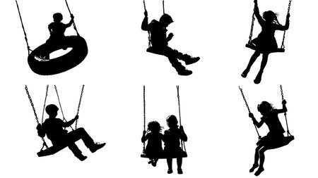 Children on a Tire Swing Silhouette Set of Six isolated on plain white background.のイラスト素材