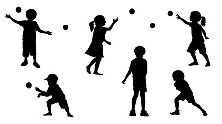 Children Playing Jacks Game Silhouette Set of Six isolated on plain white background.のイラスト素材