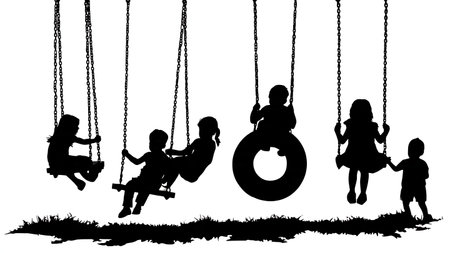 Children on a Swing Set Silhouette Collection of Six isolated on plain white background.のイラスト素材
