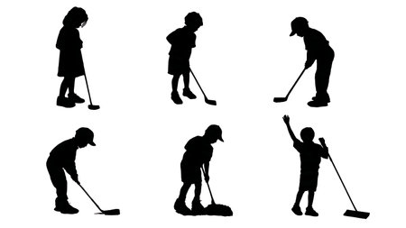 Six Children Playing Mini-Golf Silhouettes isolated on plain white background.のイラスト素材