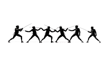 Ãƒâ€°pÃƒÂ©e Fencing Double Touch Silhouette Set of Six isolated on plain white background.