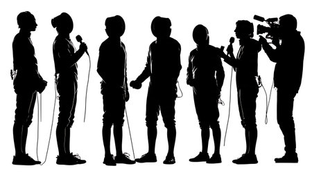Fencer Media Interview Silhouette Set of Six isolated on plain white background.のイラスト素材