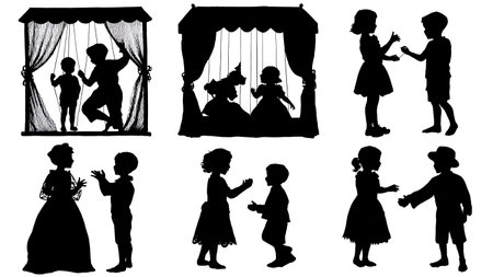 Children's Puppet Theater Performance Silhouette Set of Six isolated on plain white background.のイラスト素材
