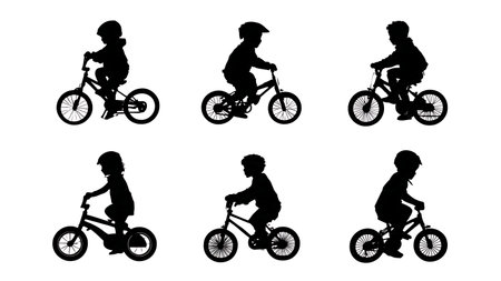 Children Riding Bicycles Silhouette Collection of Six isolated on plain white background.のイラスト素材