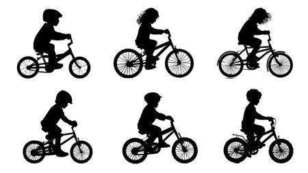 Children Riding Bicycles Silhouette Collection of Six isolated on plain white background.のイラスト素材