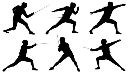 Fencer Warming Up and Stretching Silhouette Set of Six isolated on plain white background.