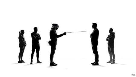 Fencer vs. Civilian Conceptual Silhouette Set of Six isolated on plain white background.