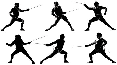 Set of Six Fencer Cool-Down Stretching Silhouettes isolated on plain white background.