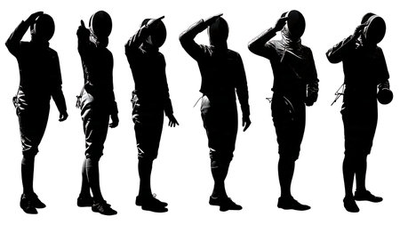 Fencer Saluting the Audience Silhouette Set of Six isolated on plain white background.