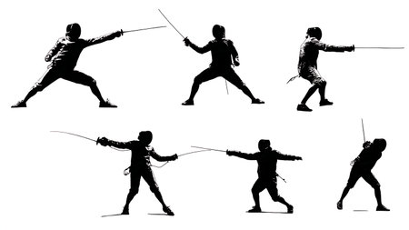 Six Fencing Parry and Defense Action Silhouettes on White Background isolated on plain white background.のイラスト素材