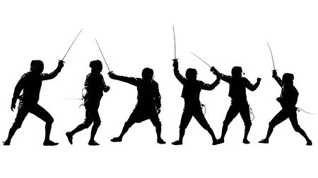 Fencing Coach Cheering from Sidelines Silhouette Set of Six isolated on plain white background.