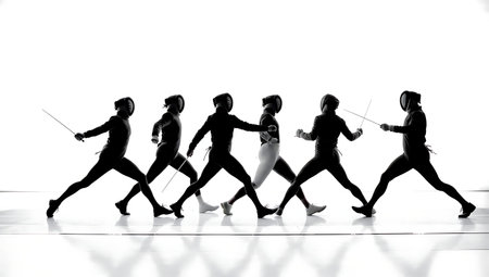 Fencing Bouncing Footwork Silhouette Set of Six isolated on plain white background.