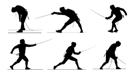 Fencer in Defeat and Loss Silhouette Set of Six isolated on plain white background.