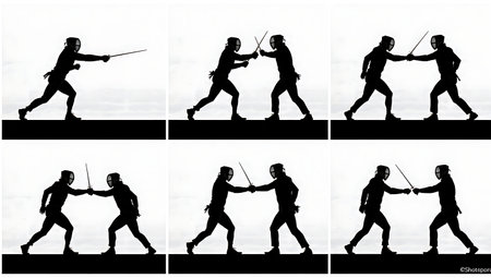 Fencer vs. Civilian Conceptual Silhouette Set of Six isolated on plain white background.