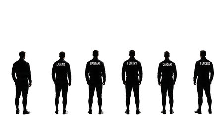 Fencer's Back with Name and Country Silhouette Set of Six isolated on plain white background.