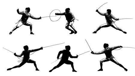 Six Fencing Parry and Defense Action Silhouettes on White Background isolated on plain white background.のイラスト素材