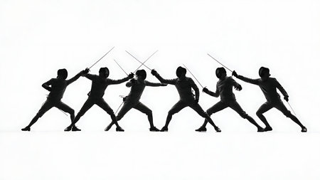Fencing Corps-ÃÂ -Corps Contact Silhouette Set of Six isolated on plain white background.のイラスト素材